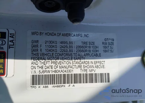 2019 Honda Cr-V Ex-L из США, поврежденный, VIN 5J6RW1H80KA043301